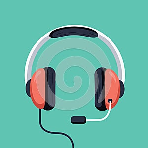 Headphones vector illustration, flat cartoon headset with mic isolated. Customer support operator icon