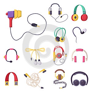 Headphones vector set music technology accessory studio sound design collection dj speaker. photo