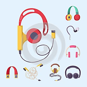 Headphones vector set music technology accessory studio sound design collection dj speaker. photo