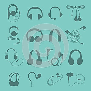 Headphones vector set music technology accessory studio sound design collection dj speaker. photo