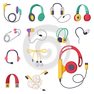 Headphones vector set music technology accessory studio sound design collection dj speaker. photo