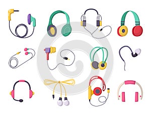 Headphones vector set music technology accessory studio sound design collection dj speaker. photo