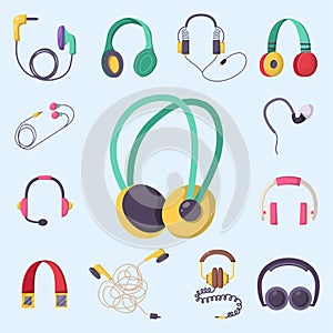 Headphones vector set music technology accessory studio sound design collection dj speaker. photo
