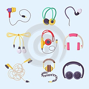 Headphones vector set music technology accessory studio sound design collection dj speaker. photo