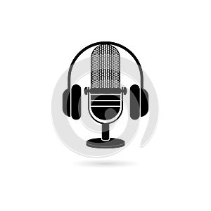 Headphones and vintage microphone flat icon