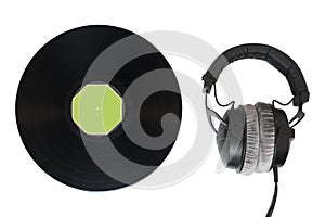 Headphones and vinyl on white isolated background