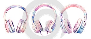 Headphones, watercolor clipart illustration with isolated background