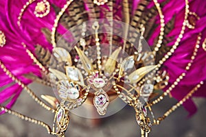 This headpiece will steal the show. Still life shot of costume headwear for a samba dancer.