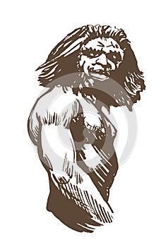 Heads aurignacians and neanderthals. Hand drawn sketch illustration. Vector photo