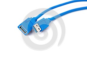 Heads of a blue usb cable on white background