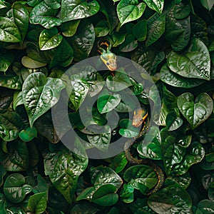 The heads of bright green snakes are visible among a wall of green leaves of vines, mimicry, photo