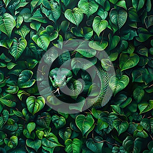 The heads of bright green snakes are visible among a wall of green leaves of vines, mimicry, tropical forest background photo