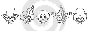 Heads of clowns colorless, set. Vector illustration.