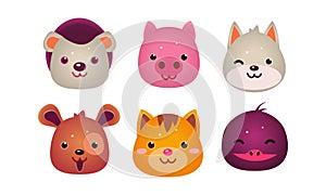 Heads of cute animals set, bear, face of dog, cat, bird, pig, user interface assets for mobile apps or video games