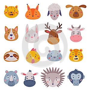 Heads of cute baby animal set. Muzzles of leveret, calf, badger, zebra, fawn, leopard, lamb. Nursery decoration, card or