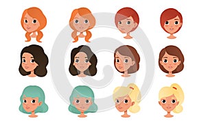 Heads of Cute Girls Set, Pretty Female Characters with Various Hairstyles Cartoon Style Vector Illustration