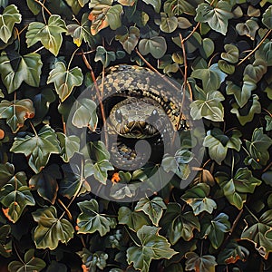 The heads of green snakes are visible among a wall of green leaves of vines, mimicry, tropical forest background photo