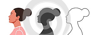 Heads in profile. Woman`s face from the side. Silhouettes of people in three different styles. Face profile. Vector illustration