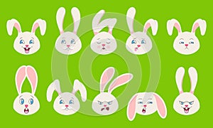 Heads of Rabbit with Different Emotions - Cheerful, Sad, Thoughtfulness, Funny, Drowsiness, Fatigue, Malice