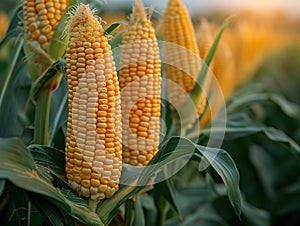 heads of raw corn in field