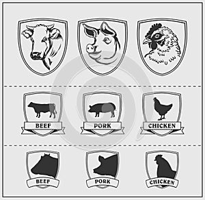 Heads and silhouettes of farm animals in frames. Cow, pig and chicken.