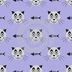 Heads of smiling cat and skeletons of fish. Funny seamless pattern. Vector illustration.