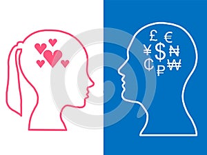 Heads of two people, woman and man, abstract brain for concept love money