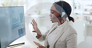 Headset, call center and black woman customer service, have conversation and help online with computer. Agent, female