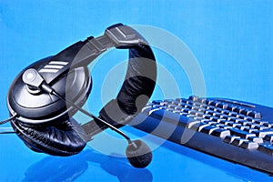 Headset computer - headphones, microphone and keyboard. Headset computer for online store, language translation, learning,