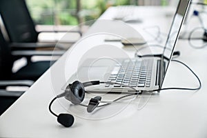 Headset and customer support equipment at call center ready for actively service