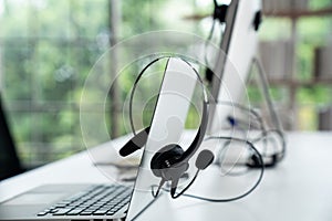 Headset and customer support equipment at call center ready for actively service