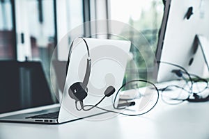 Headset and customer support equipment at call center ready for actively service