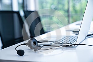 Headset and customer support equipment at call center ready for actively service