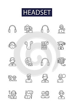 Headset line vector icons and signs. Earphones, Earbuds, Mic, Muff, Telephone, Phone, Listening, Orchestrate outline