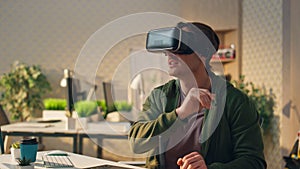 Headset man exploring cyberspace virtual glasses closeup. Amazed gamer playing