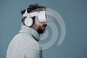 Headset man vr digital entertainment tech virtual technology device innovation glasses reality fun game