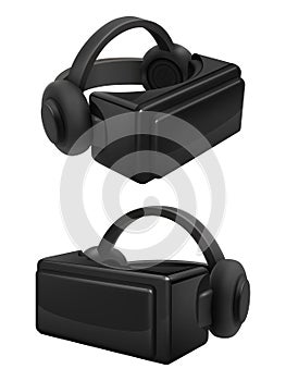 Headset and stereoscopic virtual reality goggles vector. Realistic vr glasses and headphones isolated on white