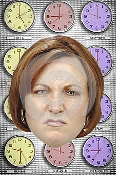 Headshot of angry businesswoman with different time zone clocks in background