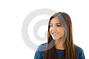 Headshot attractive brunette posing naturally with beauiful smile, white background