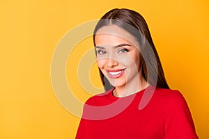 Headshot of attractive lady toothy smiling wear casual red top isolated over yellow color background