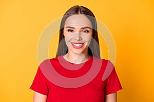 Headshot of attractive lady toothy smiling wear casual red top standing isolated over yellow color background