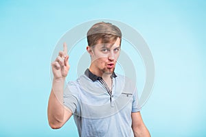 Headshot closeup portrait of ingenious young man. Handsome guy found an unexpected solution, has original idea, happy