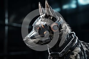 Headshot of cyberpunk dog with futuristic bionic face mask. Generative AI