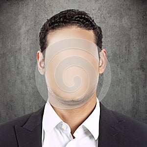 Headshot faceless man isolated on grey wall background