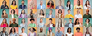 Headshot of happy, excited, calm, shocked different people make gestures with hands, isolated on colorful background