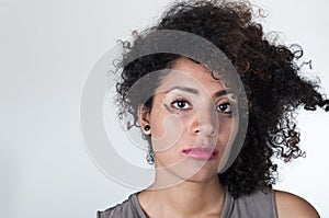 Headshot hispanic brunette model with messy makeup