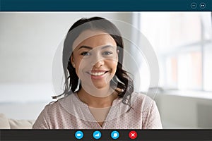 Headshot portrait of biracial woman have webcam talk
