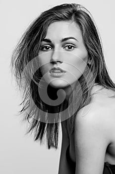 Headshot portrait, black and white fashion model girl