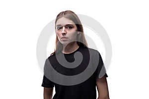 Headshot portrait of model looking Caucasian teenage girl wearing black t-shirt