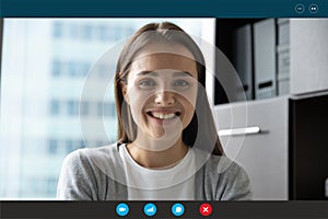 Headshot portrait of smiling woman have webcam conference